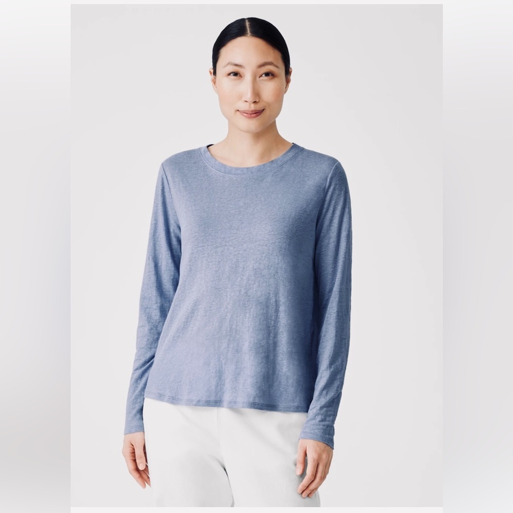 Eileen Fisher Organic Linen Jersey Crew Neck Top T Shirt Knit Sweater Minimalist